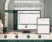 A desktop monitor displays a green and white Excel spreadsheet "Item Catalog," with a tablet showing a "Listings Tracker" and a mug on a desk.