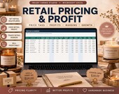 A laptop displays a "Retail Pricing & Profit" spreadsheet, with two candles, a notebook, and a small box on a wooden desk.