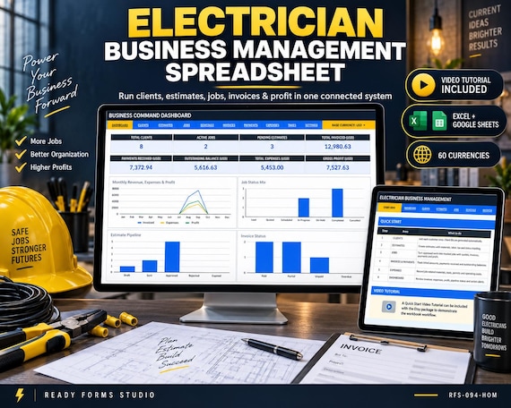 Electrician Business Spreadsheet | Electrical Contractor Job Tracker, Estimates, Invoices & Profit Dashboard | Excel + Google Sheets