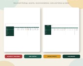 Two white sheets of paper, each showing a spreadsheet with columns for inspection and treatment workflow, against a light green and white background.