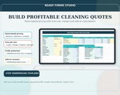 A monitor displays a spreadsheet titled "ROOM-BASED CLEANING QUOTE CALCULATOR," showing room types, services, and pricing, with text about building profitable cleaning quotes.
