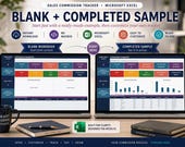 Two laptops display blank and completed sales commission tracker spreadsheets, with a pen and a mug on a wooden desk.