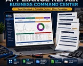 A laptop displaying an Excel dashboard for appliance repair business management, surrounded by tools, work gloves, and stacks of printable forms.