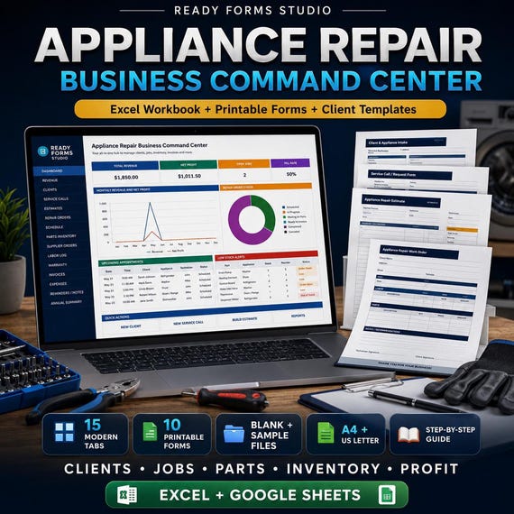 Appliance Repair Business Command Center, Excel Workbook with Job Tracker and Client Management