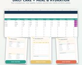 Three digital forms titled "Daily Care Routine," "Meal & Hydration Tracker," and "Caregiver Daily Report" display tables for daily activities and care notes.