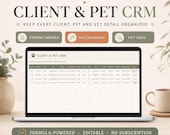 A laptop open to a client and pet CRM spreadsheet with contact details, vaccinations, and vet information.
