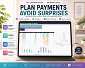 A laptop displays an Excel spreadsheet titled "Plan Payments Avoid Surprises," showing a "Payment & Renewal Calendar" with dates, amounts, and a line graph.
