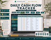 A desktop monitor shows an Excel spreadsheet titled "Daily Cash Flow Tracker" with a "Transaction Log" tab open, displaying columns for date, type, category, and amount.