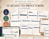 A collection of 12 printable business forms in green and white, including order forms, inventory sheets, and invoices, with a desktop monitor showing a dashboard in the background.