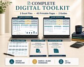 Two laptops display spreadsheets, one a "Sample Workbook" and the other a "Blank Workbook," with printed guides and forms, a pen, and a stack of books with a mug.
