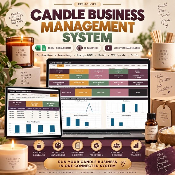 Candle Business Spreadsheet | Recipe BOM, Batch Production, Inventory, Wholesale & Profit Tracker | Excel + Google Sheets
