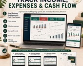 A feature slide for the bookkeeping system showcasing revenue, expense graphs, and net profit metrics on an open laptop.
