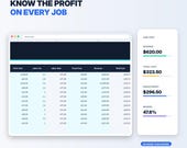 A screen displaying a "Job Costing" spreadsheet with columns for parts, labor, travel, and total cost, alongside a summary box showing revenue, total cost, gross profit, and margin.