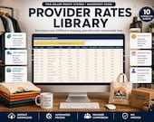A desktop with a monitor displaying a spreadsheet of provider rates, surrounded by folded t-shirts, a tote bag, and a mug.