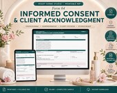 A desktop monitor and tablet display an "Informed Consent & Client Acknowledgment" form, with skincare items and a jade roller on a counter.