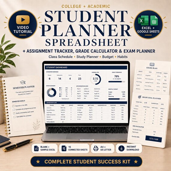 Student Planner Spreadsheet with Assignment Tracker Grade Calculator | Digital Study Tool for College & School