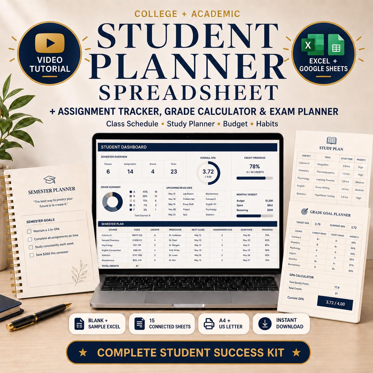 Student Planner Spreadsheet with Assignment Tracker Grade… - student planner image 1