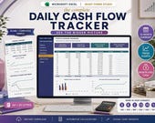 A desktop monitor shows an Excel spreadsheet titled "Daily Cash Flow Tracker" with a "Monthly Summary" tab open, displaying financial data and trend charts.