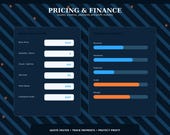 A screen displays "PRICING & FINANCE" sections, including a "SMART CALCULATOR" with input fields for cost breakdown and a "FINANCIAL OVERVIEW" with revenue, payments, expenses, profit, and margin bars.
