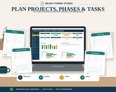 A laptop displays a "Team Capacity & Resource Planning Dashboard" with charts, surrounded by printed forms labeled "Project," "Project Phase," "Task Plan," and "Assignment," on a beige background.