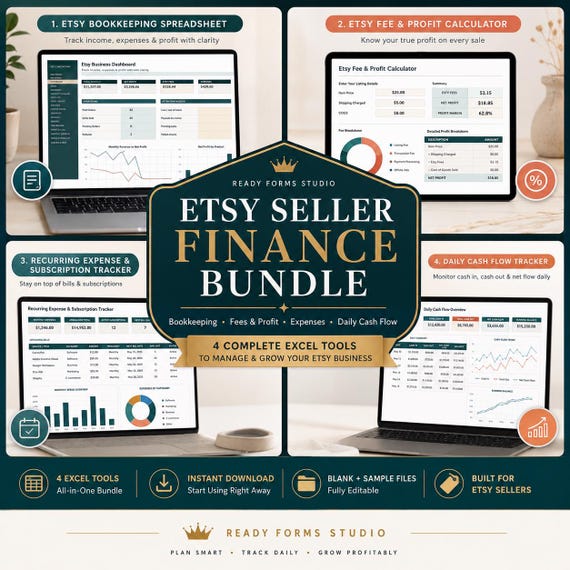 Etsy Seller Finance Bundle in Excel: Bookkeeping, Etsy Fee Calculator, Expense Tracker & Daily Cash Flow Spreadsheet