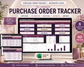A desktop monitor displays a "Purchase Order Tracker" Excel spreadsheet with various data fields and charts, flanked by a tablet and phone showing different sections of the same spreadsheet, all on a desk with office supplies.