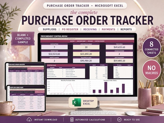 Purchase Order Tracker in Excel for Small Business: Order Spreadsheet, Order Log, Order Status, Receiving Log & Supplier Payment Tracker
