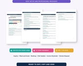 A digital product graphic shows four documents titled "Guide + Client Communication Templates" with various message examples.