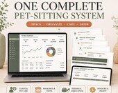 A laptop and a tablet display spreadsheets for a complete pet sitting system with business metrics and forms.