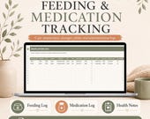 A laptop shows a feeding and medication tracking spreadsheet with dosage and administration logs.