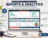 A desktop computer displays an Excel spreadsheet titled "Reports & Analytics," showing various financial charts and data tables related to cash flow and vendor exposure.