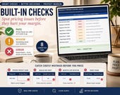 A desktop monitor displays a "Product Pricing & Profit Calculator" spreadsheet with a "Checks & Alerts Summary" section, a mug, and a plant on the desk, and text overlays describing "Smart Checks. Better Decisions."