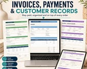 A laptop, tablet, and printed pages display craft business forms including invoices, payments, and customer records under heading text.