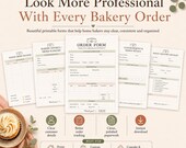 Five bakery order and tracking forms fan out beneath a bold title about professional bakery orders.
