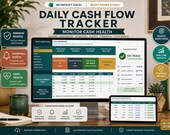 A desktop monitor shows an Excel spreadsheet titled "Daily Cash Flow Tracker" with a "Cash Health" dashboard, displaying reserve, shortfall, and cash position.