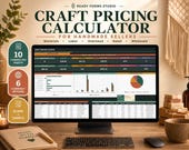 A laptop displays a spreadsheet titled "Craft Pricing Calculator for Handmade Sellers" with sections for materials, labor, overhead, retail, and wholesale, surrounded by craft supplies.