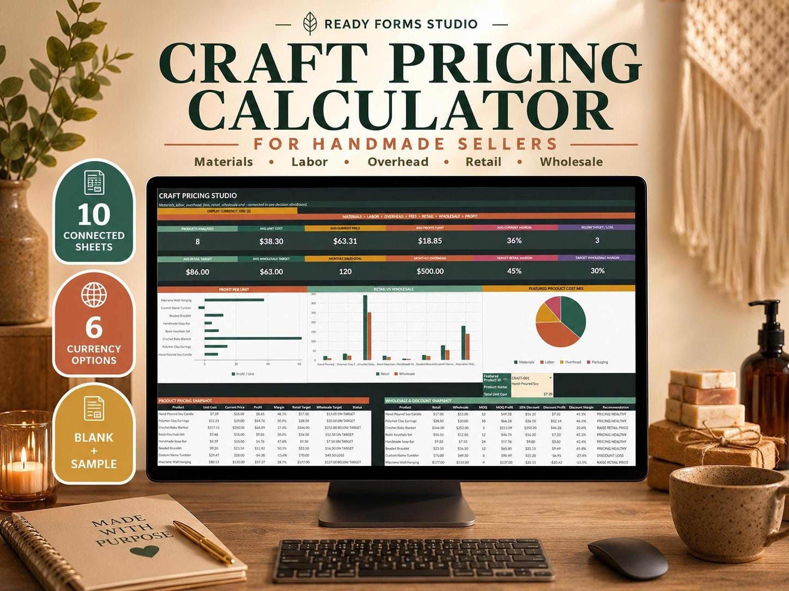 A laptop displays a spreadsheet titled "Craft Pricing Calculator for Handmade Sellers" with sections for materials, labor, overhead, retail, and wholesale, surrounded by craft supplies.