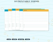 A stack of ten white printable forms with blue and orange headers, labeled "FORM 01" through "FORM 06" on the visible tabs, against a light blue background with faint water droplet patterns.