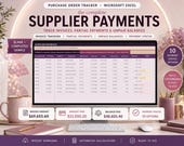 A desktop monitor displays an Excel spreadsheet titled "Supplier Payments" with invoice tracking and payment status, showing a total invoice amount, paid amount, and balance due.