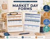 Two clipboards present a "Market Stock Planner" and a "Market Sales & Inventory" form on a wooden desk with a mug and spools of thread.
