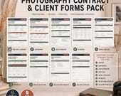 Ten different photography business forms are arranged in two rows on a light background, including "Client Inquiry & Booking Form" and "Payment Schedule."