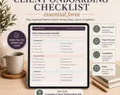 A printed client onboarding checklist with various sections like "Before Kickoff" and "Setup & Access" is displayed on a desk with a mug and a pen.