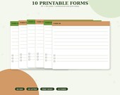 Six stacked paper forms with checkboxes, labeled "FORM 01" through "FORM 06," with text indicating "10 PRINTABLE FORMS" and details about A4 and US Letter sizes.