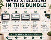 An overview graphic listing the five included tools in the finance bundle with icons and descriptive bullet points.
