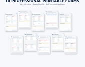 Ten printable forms laid out, including intake, inspection, quote, and checklist forms, with text '10 PROFESSIONAL PRINTABLE FORMS'.