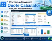 A screenshot of a spreadsheet titled "Formula-Powered Quote Calculator" showing various cost breakdowns and a total estimate, with text highlighting features like "Formula Driven" and "Built-in Profit Check."
