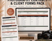 A flat lay shows a camera, lenses, film, and a clipboard with a "Shot List & Must-Have Images" form, with a laptop displaying the same form digitally.