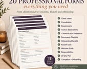 A stack of client intake forms with various sections like client details and service request, next to a gold pen.