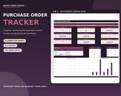 A desktop monitor displays a "Procurement Control Room" Excel spreadsheet with a dashboard of financial data and charts, with text describing it as a "Purchase Order Tracker."