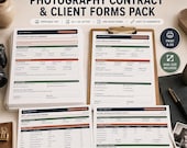 A flat lay shows a camera, lenses, film, and a clipboard with a "Photography Service Agreement" form, with a laptop displaying various digital forms.